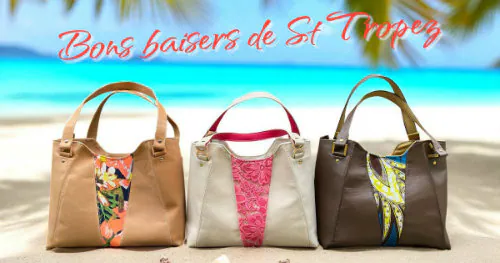 Three Isocèles shoulder bags on a sunny beach, with the caption 'Bons baisers de St Tropez' — a nod to the retro postcards of the 80s.