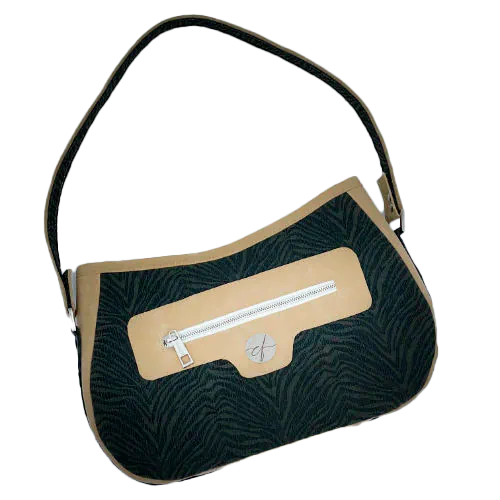 A shoulder bag made from a fabric with the pattern and texture of a forest green tiger fur paired with beige suede-like faux leather, and a lining composed of a high-fashion viscose with very small green and white gingham checks and a cream mottled linen sheet.