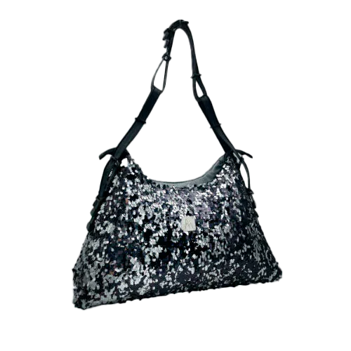 A large shoulder bag made from a black and silver sequin fabric, a grey couture denim, and a fine black faux leather.