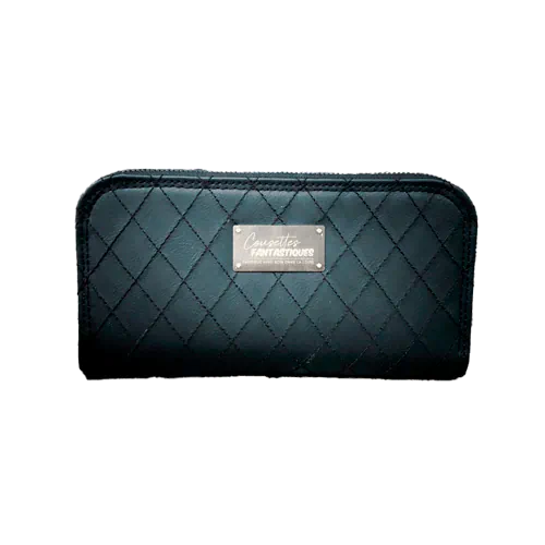 A zippered card and coin holder made with hand-quilted black faux leather on the outside, and cotton canvas with sequins on the inside.