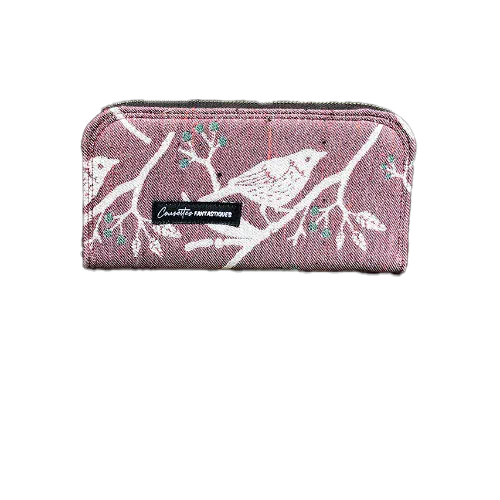 A zippered card and coin holder made with mauve and green bird-patterned babywearing wrap fabric.
