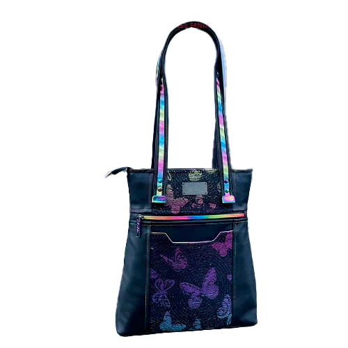 Anses bicolores/bi-matières, bouclerie luxe coloris arc-en-ciel, simili de récup' au toucher velours, et écharpe de portage au motif fantaisiste.